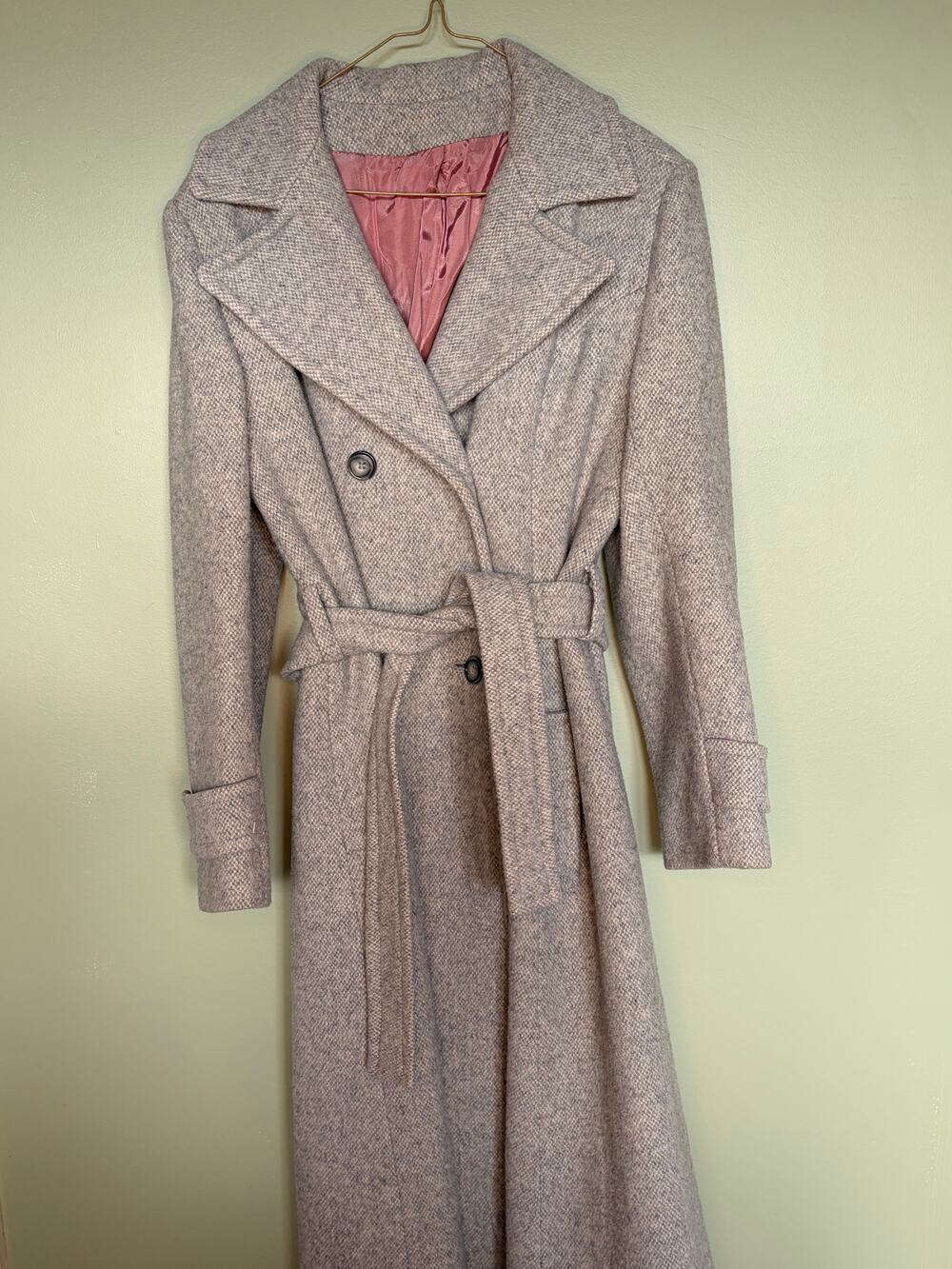 Vintage Jill Jr. Wool Blend Long Belted Coat Grey Pink Lined Tailored Winter Tre